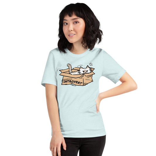 Woman wearing a sky blue Aggressive Introvert Cat T-Shirt from Midnight Zoomies.