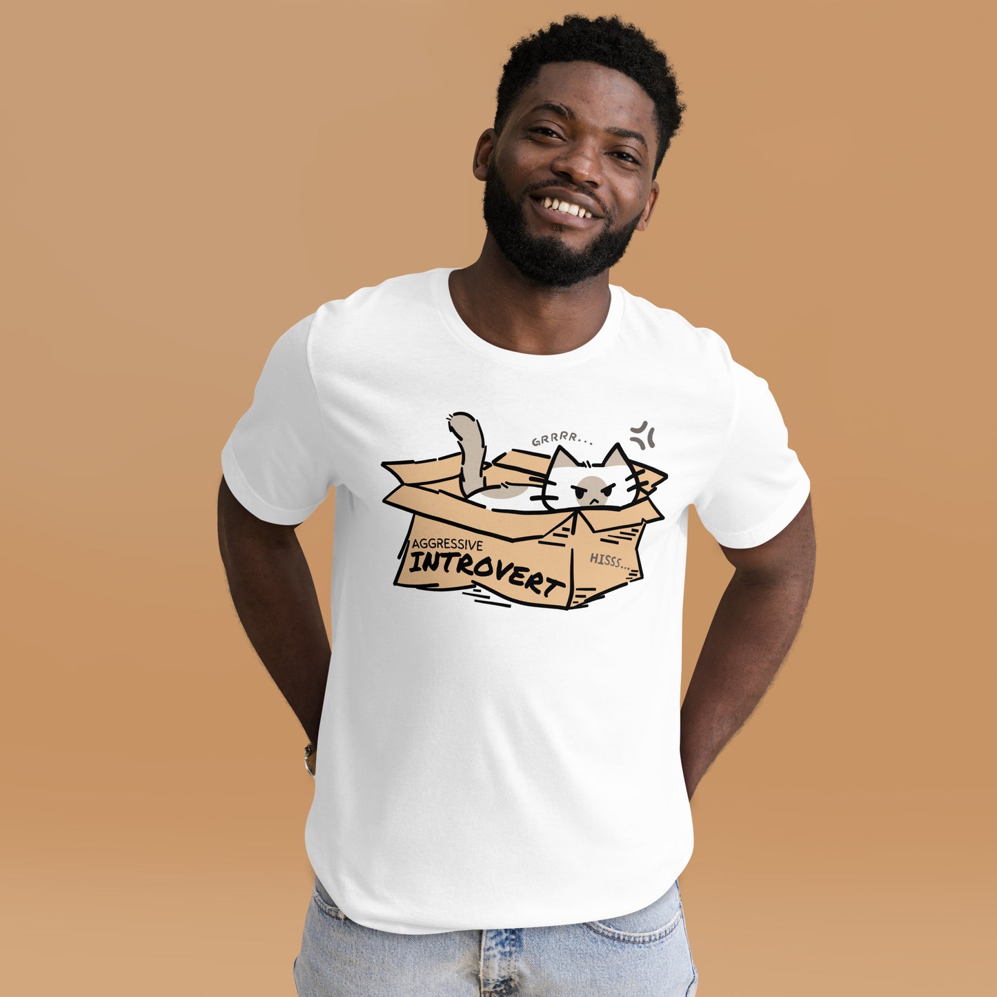 Man wearing a white Aggressive Introvert Cat T-Shirt from Midnight Zoomies.