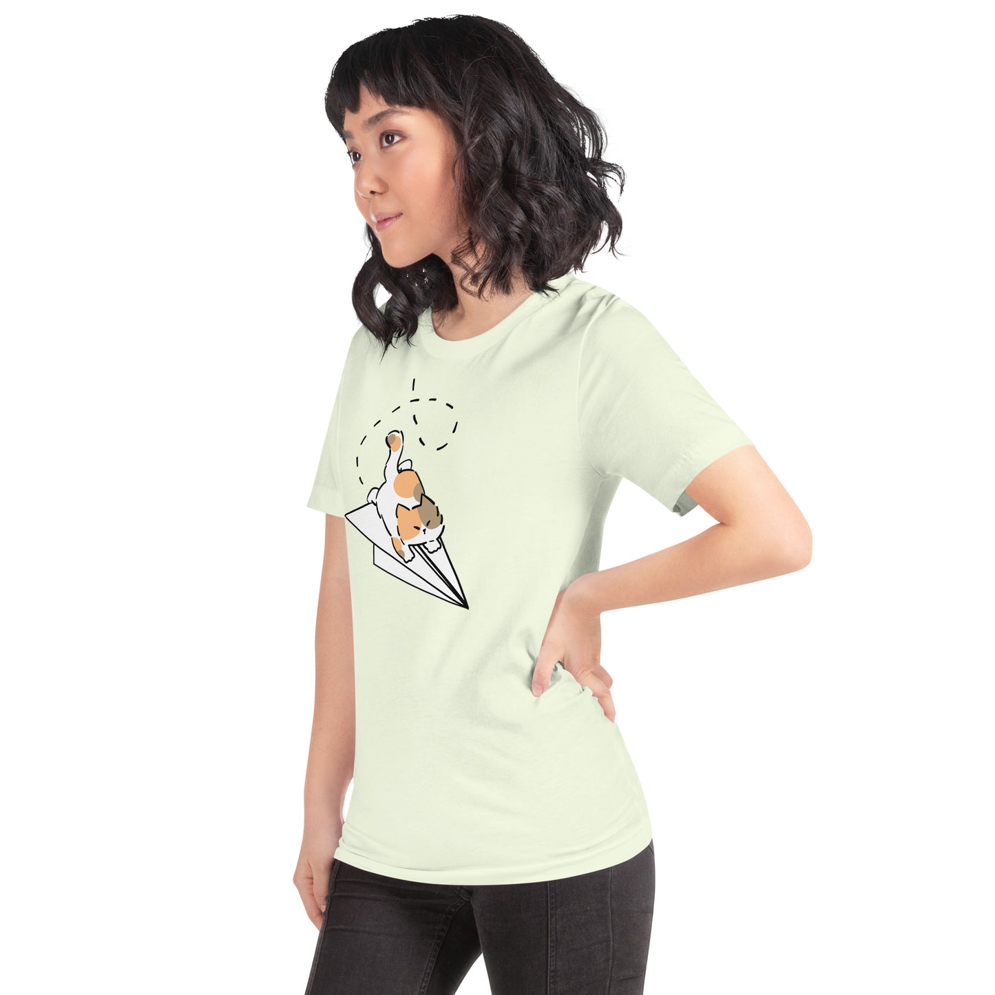 Woman wearing a citron green Airplane Zoomies Cat T-Shirt from Midnight Zoomies.