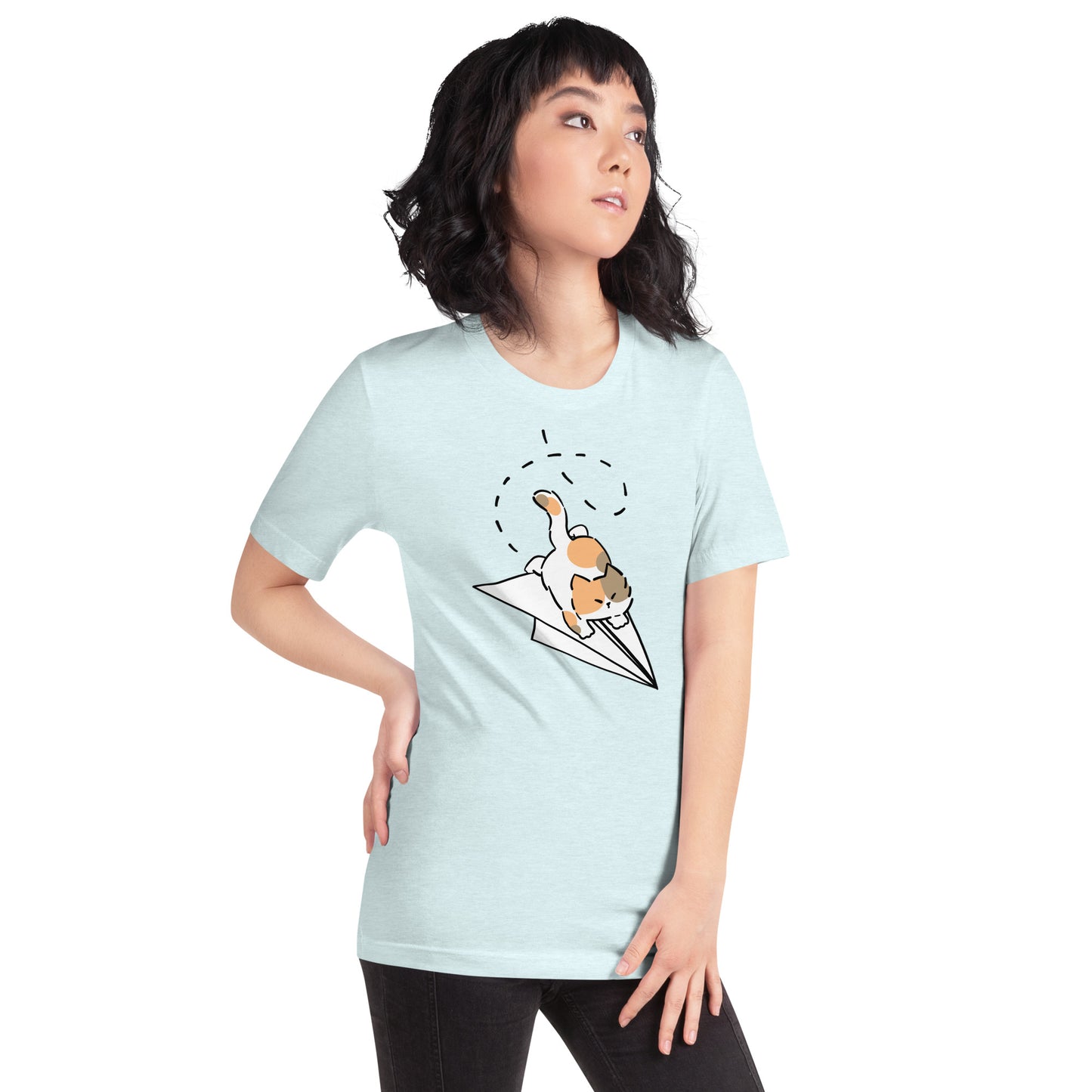 Woman wearing a sky blue green Airplane Zoomies Cat T-Shirt from Midnight Zoomies.