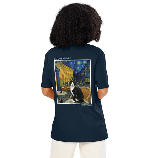 Woman wearing a navy Cat Cafe At Night Graphic Cat T-Shirt from Midnight Zoomies.