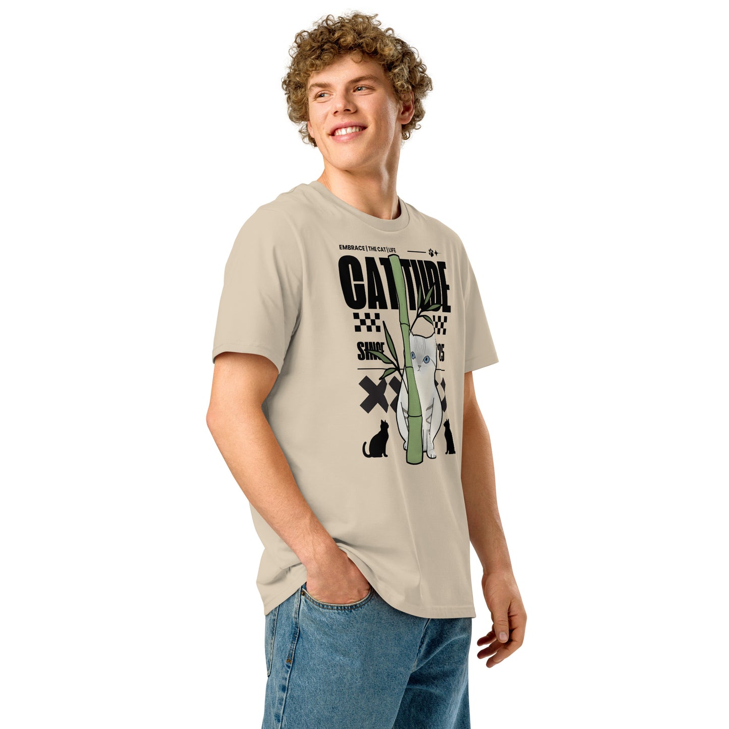 Man wearing a desert dust Catitude Cat T-Shirt from Midnight Zoomies.