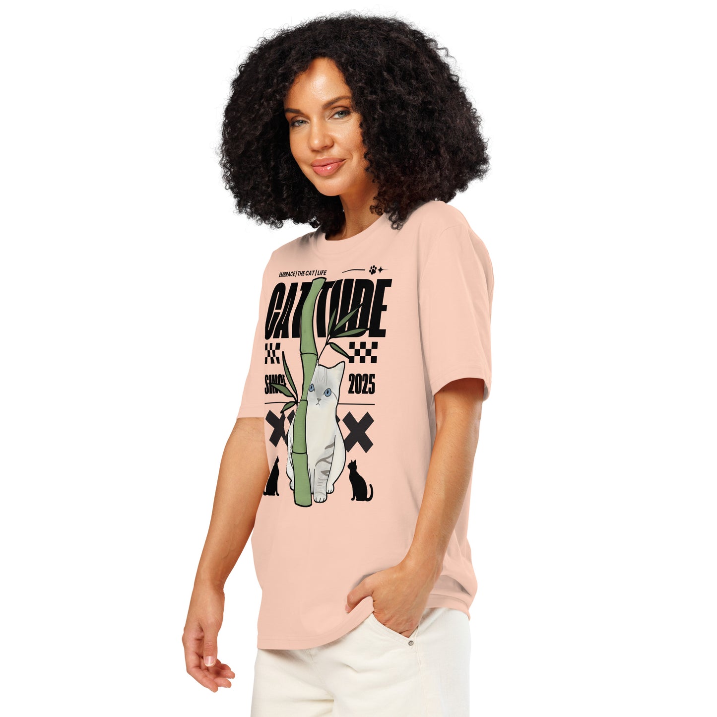 Woman wearing a pink Catitude Cat T-Shirt from Midnight Zoomies.
