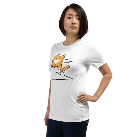 Woman wearing a white Cloud Zoomies Cat T-Shirt from Midnight Zoomies.