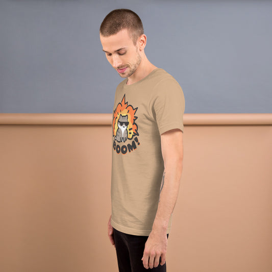Man wearing a tan Explosion Cat T-Shirt from Midnight Zoomies.