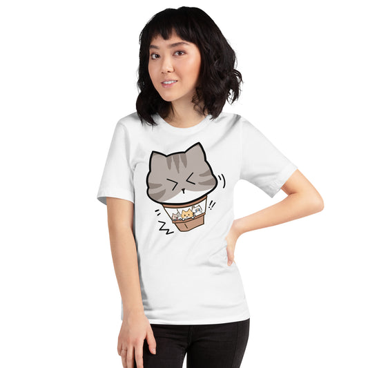 Woman wearing a white Hot Cat Ballon T-Shirt from Midnight Zoomies.