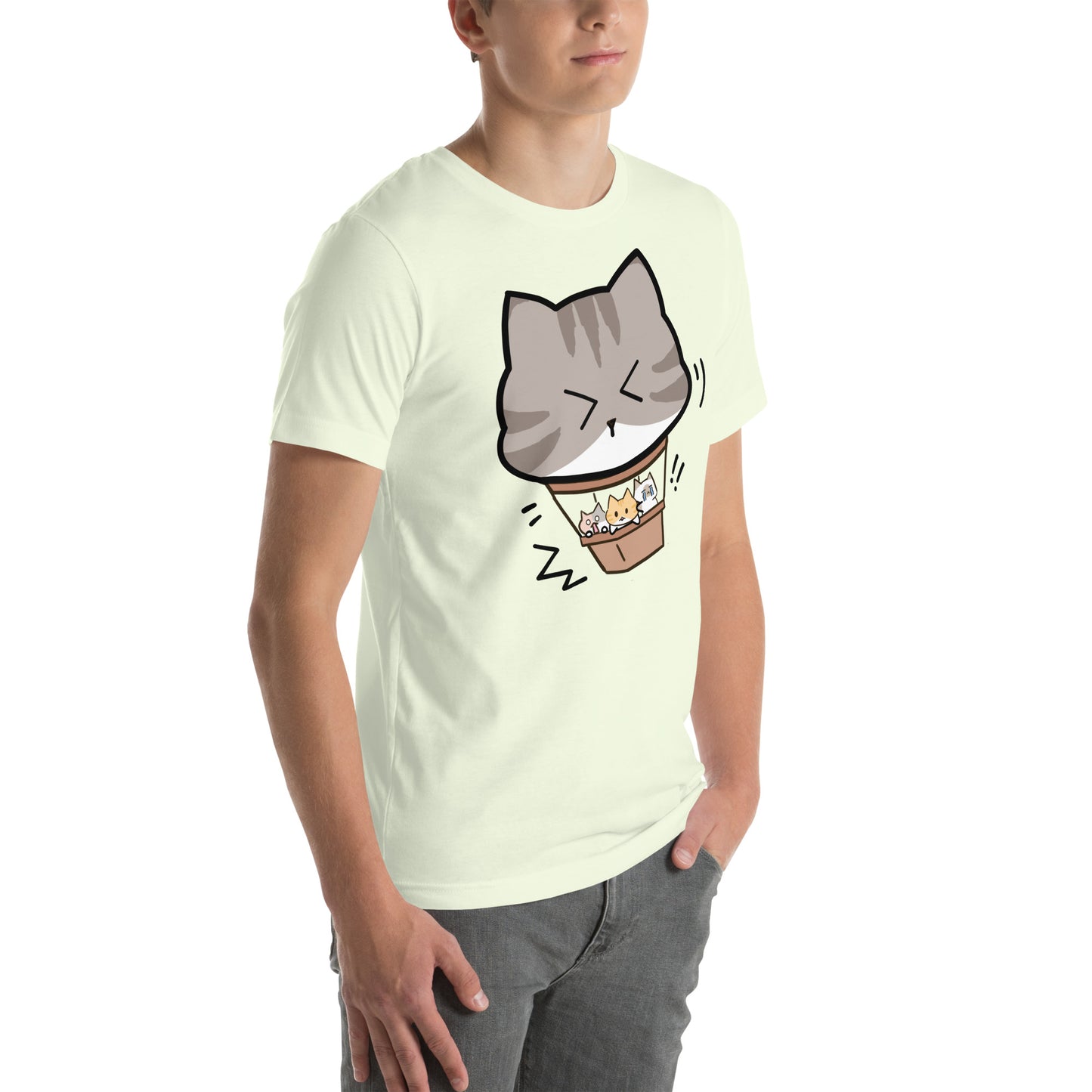Man wearing a citron green Hot Cat Ballon T-Shirt from Midnight Zoomies.