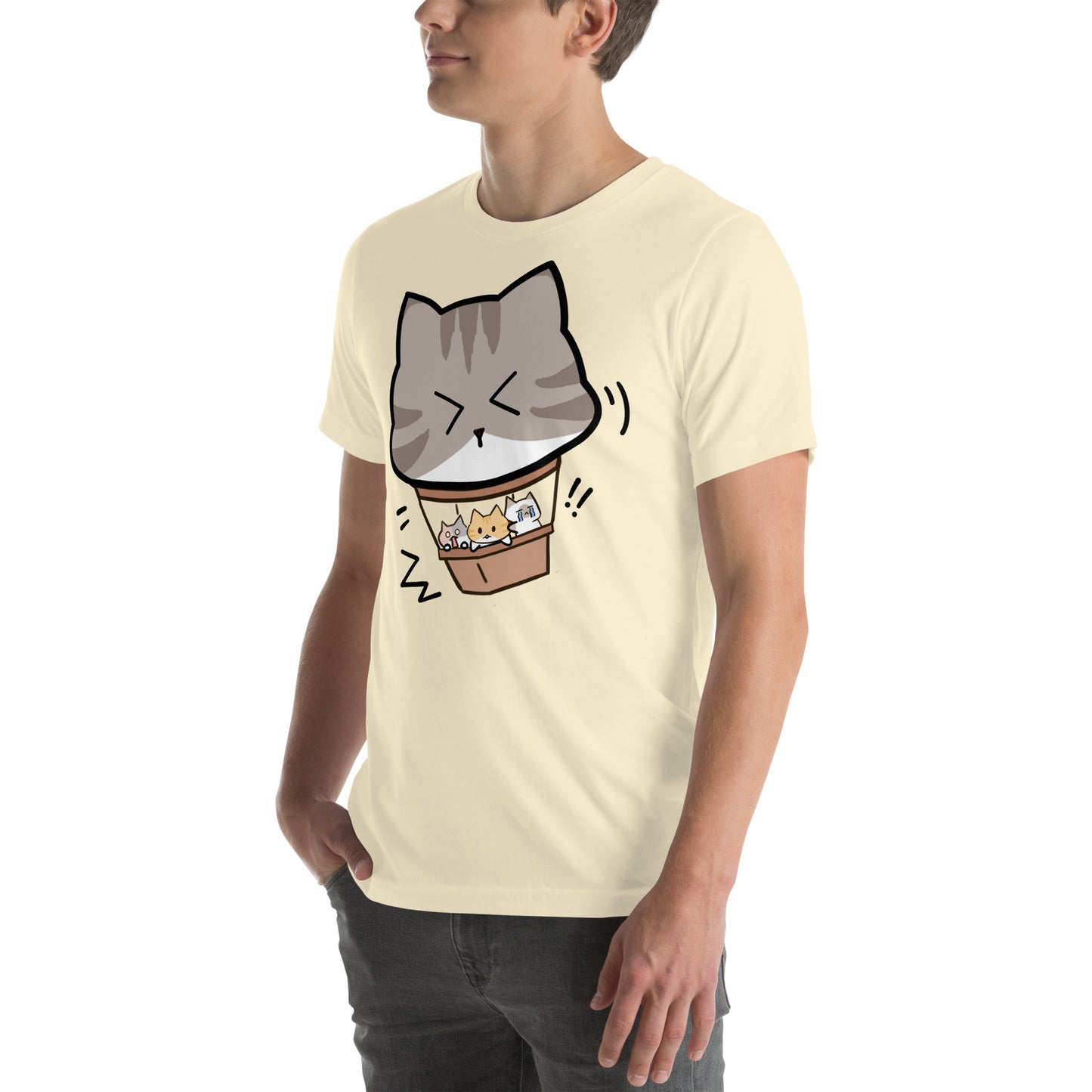 Man wearing a natural Hot Cat Ballon T-Shirt from Midnight Zoomies.
