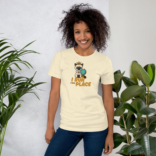 Woman wearing a natural I Run This Place Cat T-Shirt.