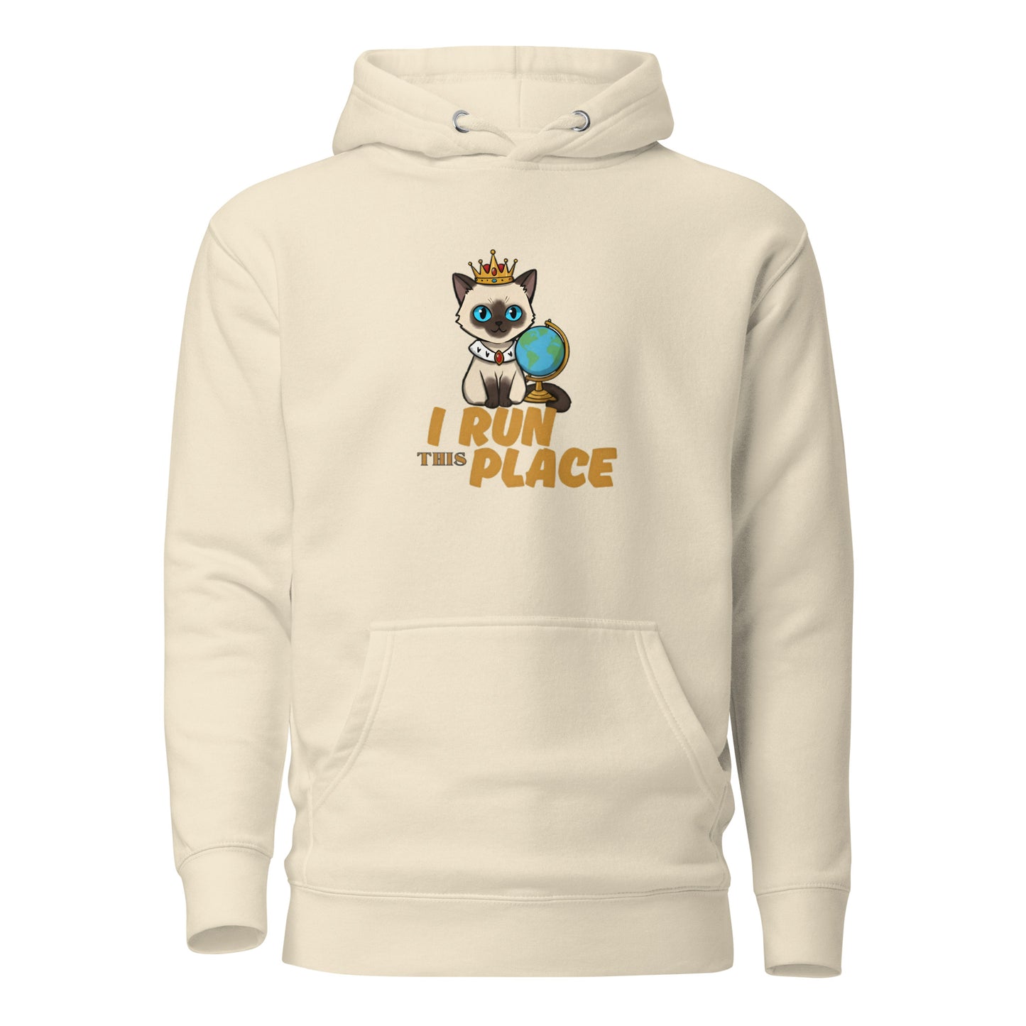 Front View of a unisex bone hoodie with a design of a cat wearing a crown and the words 'I Run This Place'.