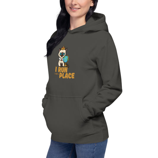 Woman modeling a unisex vintage black hoodie with a design of a cat wearing a crown and the words 'I Run This Place'. Side View.
