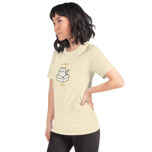 Woman wearing a natural If I Fits I Sits Cat T-Shirt.