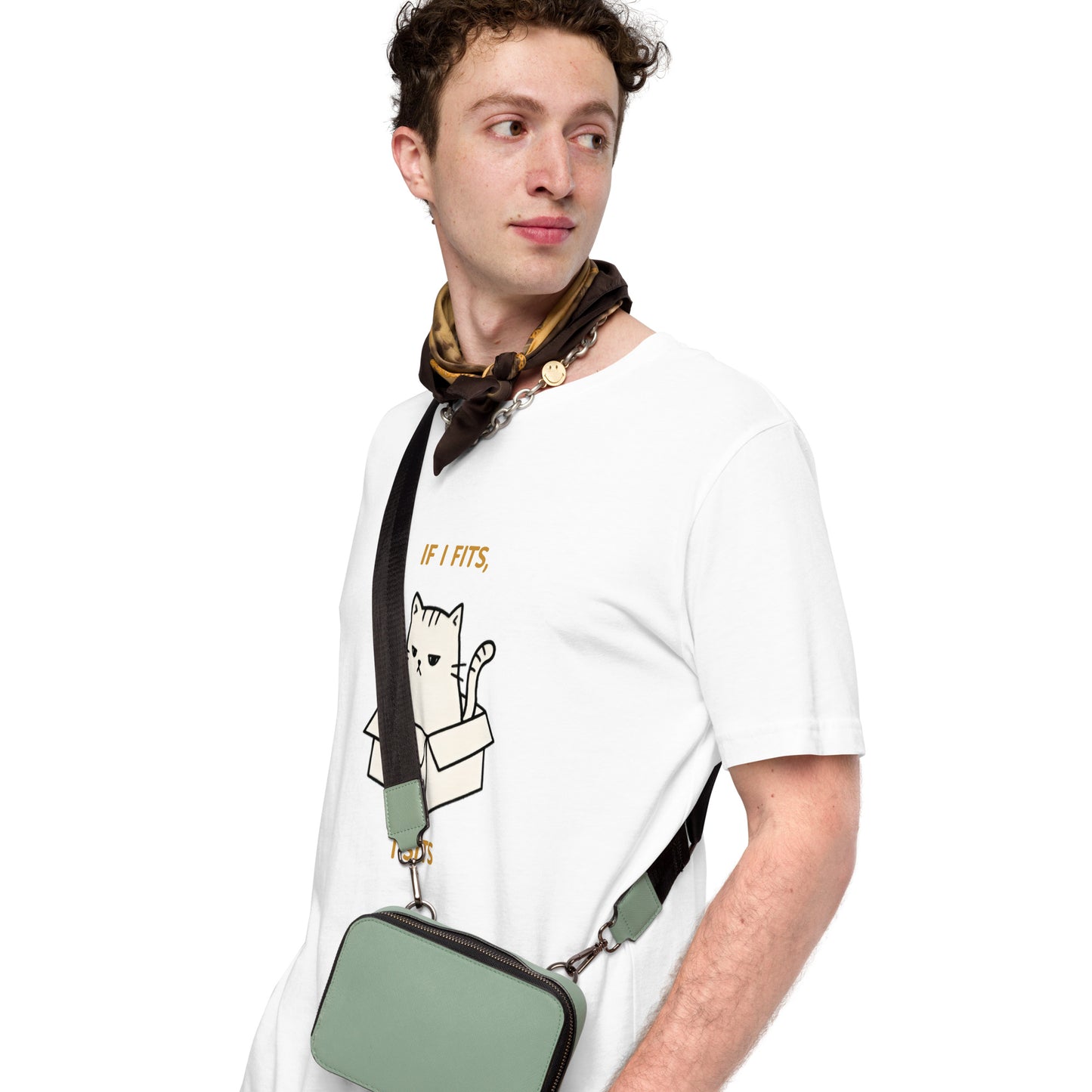 Man wearing a white If I Fits I Sits Cat T-Shirt.