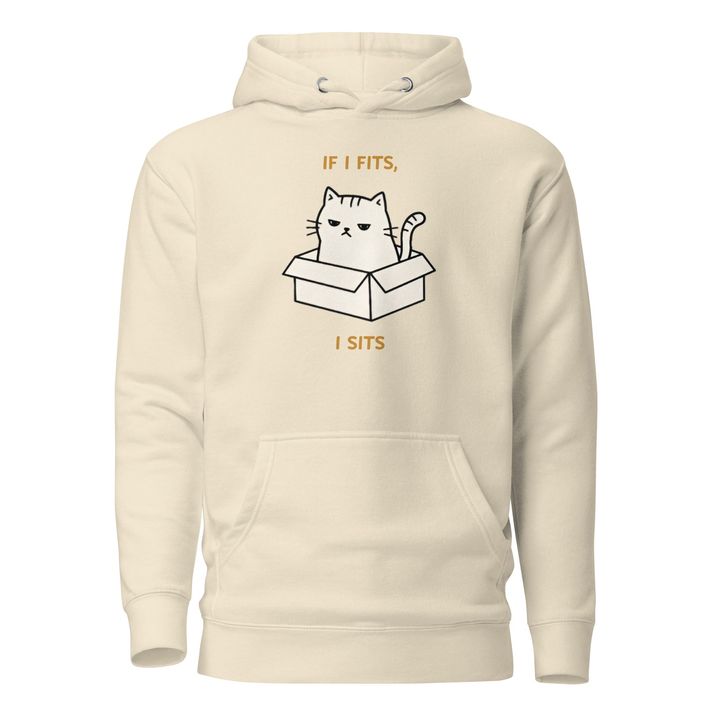 Front View of a unisex bone hoodie with a design of a cat sitting in a box and the words 'If I Fits, I Sits'.