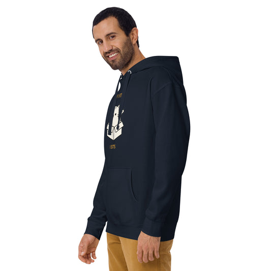 Man modeling a unisex navy hoodie with a design of a cat sitting in a box and the words 'If I Fits, I Sits'. Side View.