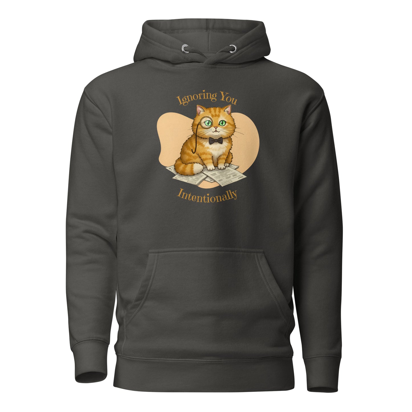 Front View of a unisex vintage black hoodie with a design of a cat wearing a monocle and the words 'Ignoring You Intentionally'.