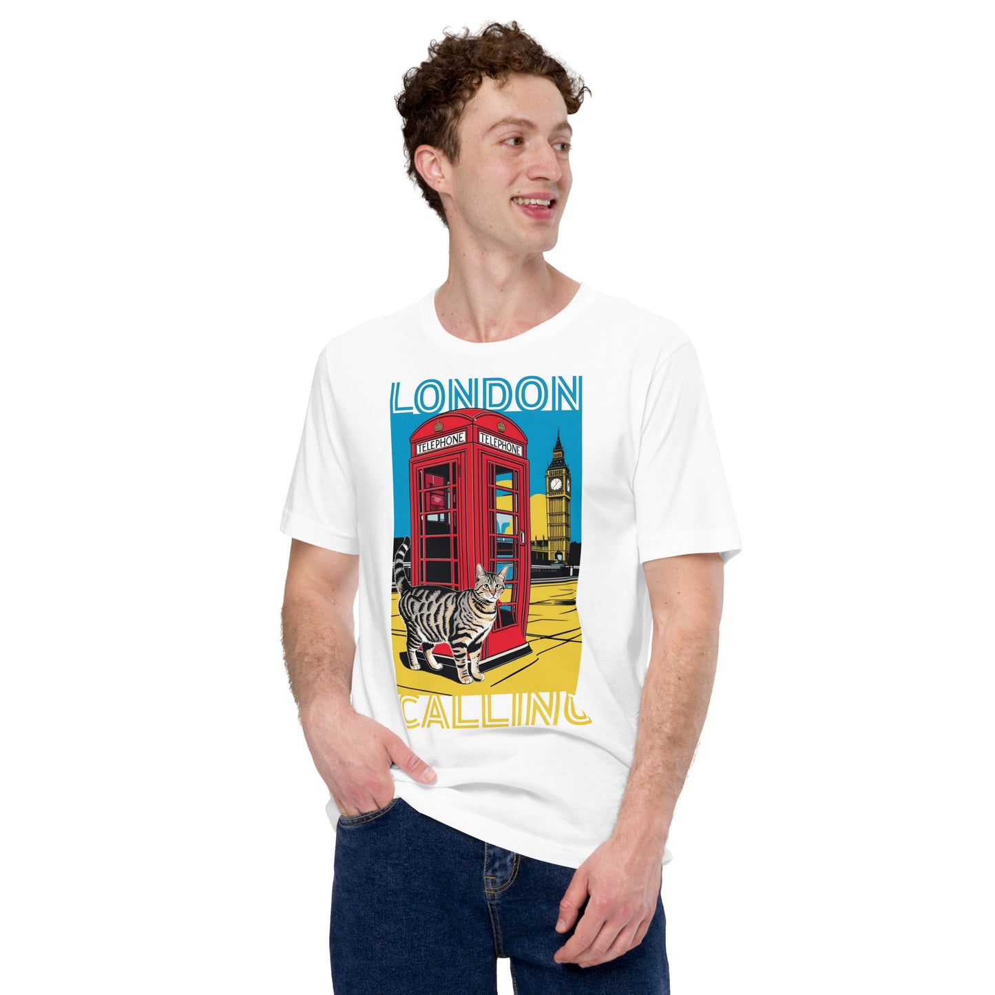 Man wearing a white London Cat T-Shirt.