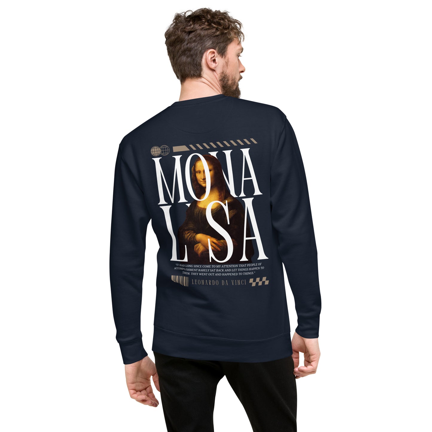 Man wearing a navy blue Mona Lisa Graphic Sweatshirt.