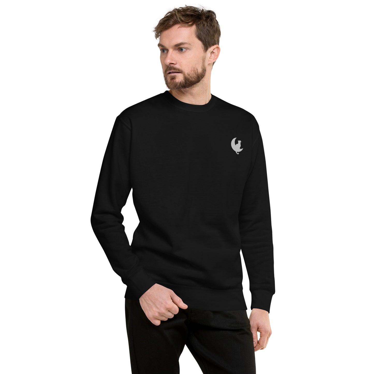 Man wearing a black Mona Lisa Graphic Sweatshirt.