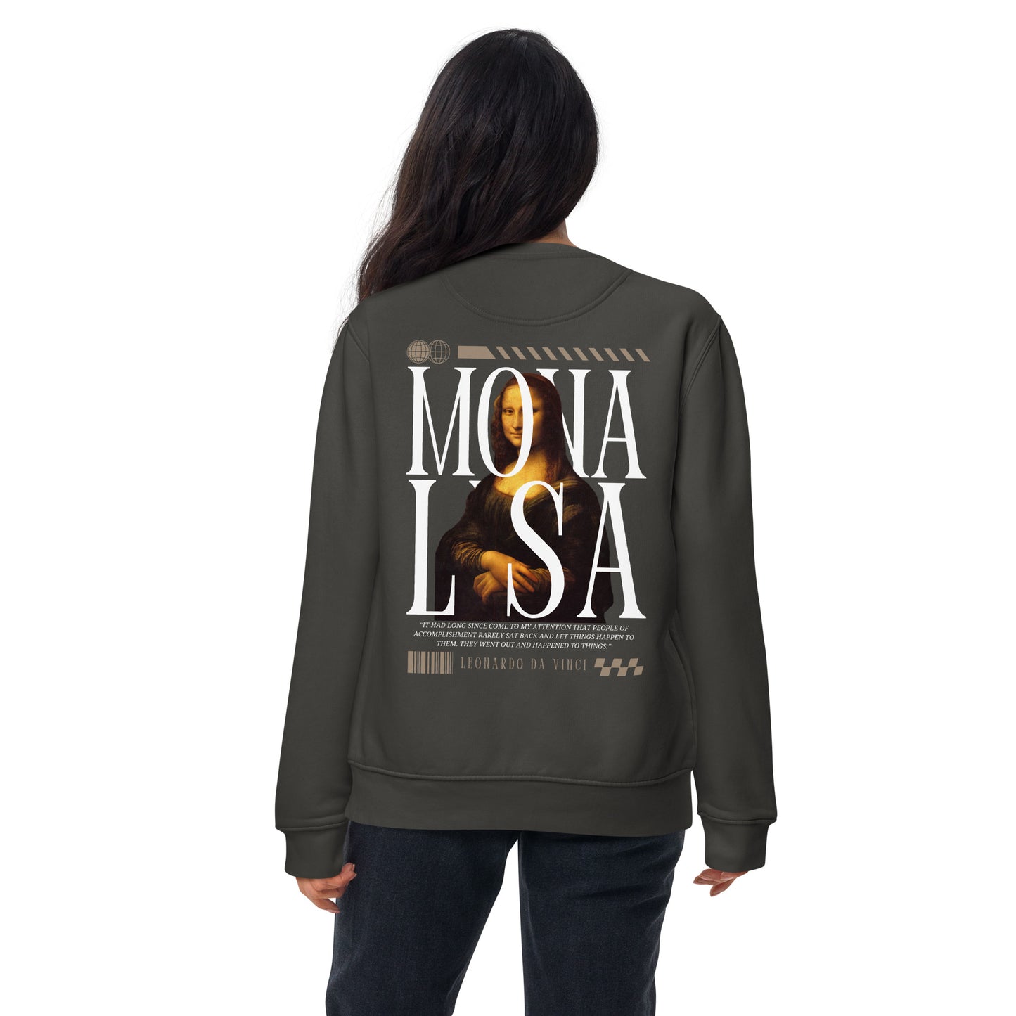 Woman wearing a vintage black Mona Lisa Graphic Sweatshirt.