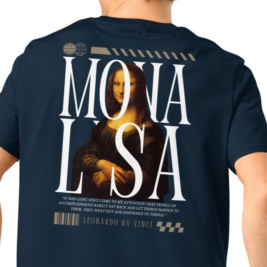 Man wearing a navy Mona Lisa Graphic T-Shirt.