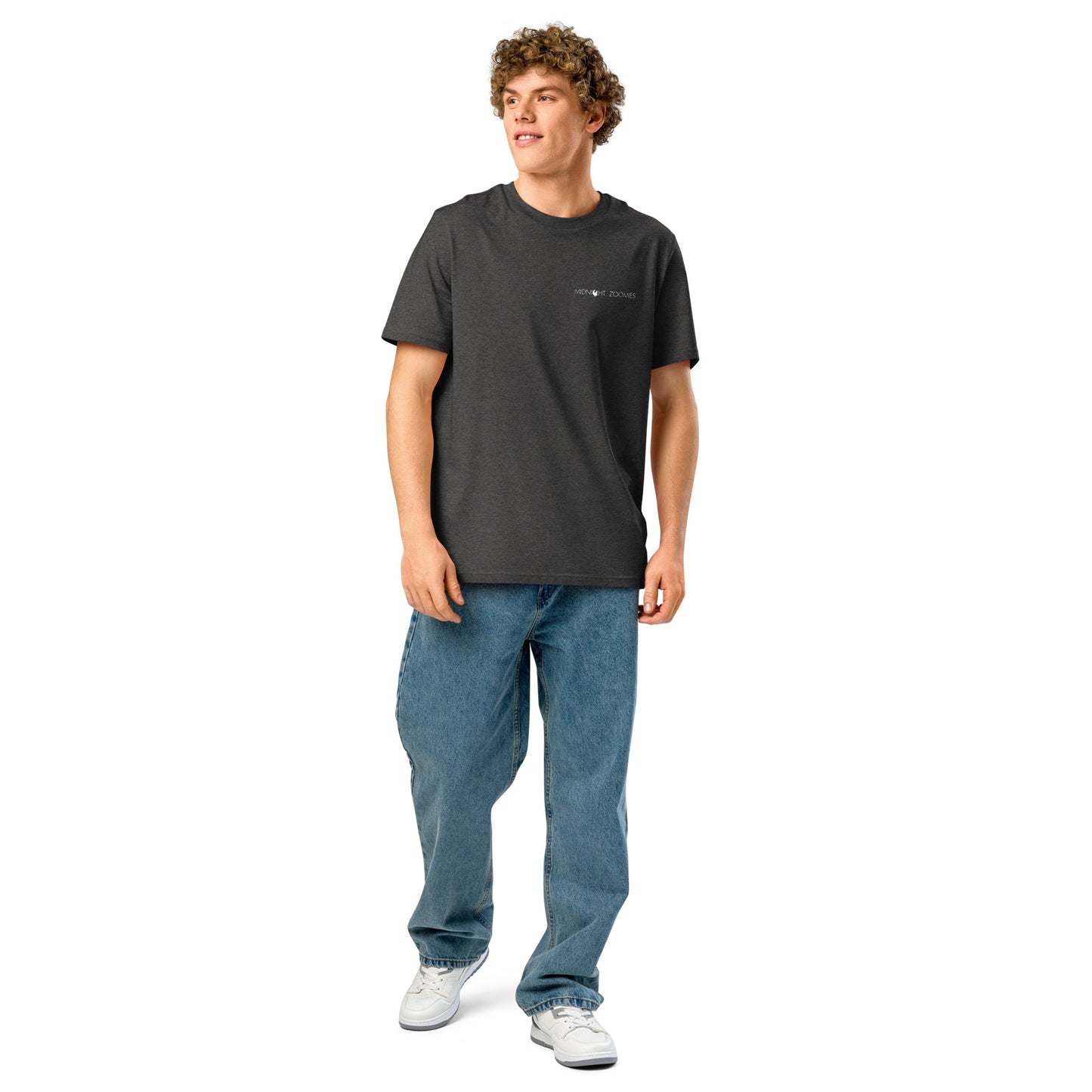 Man wearing a dark heather grey Mona Lisa Graphic T-Shirt.