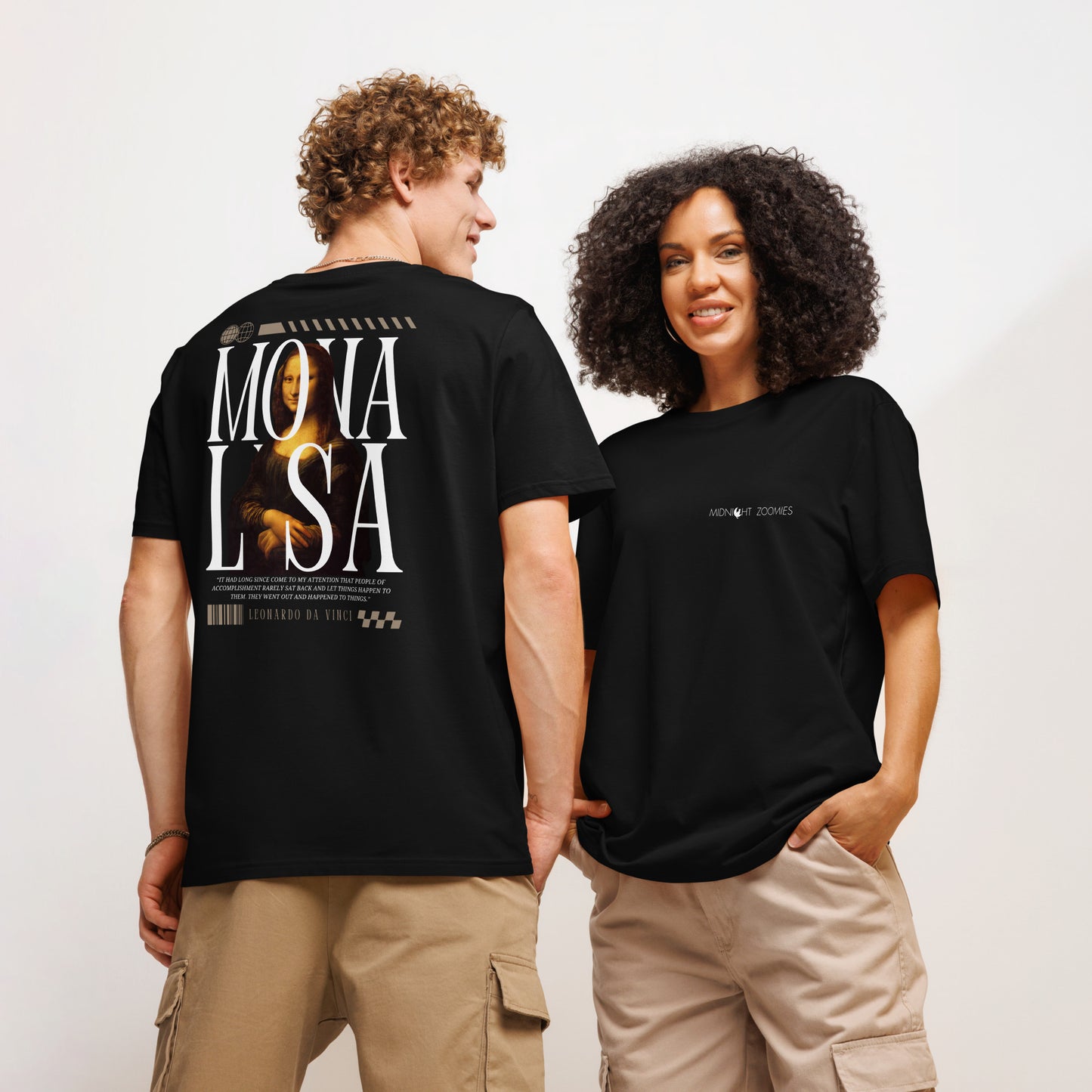 Couple wearing black Mona Lisa Graphic T-Shirts.