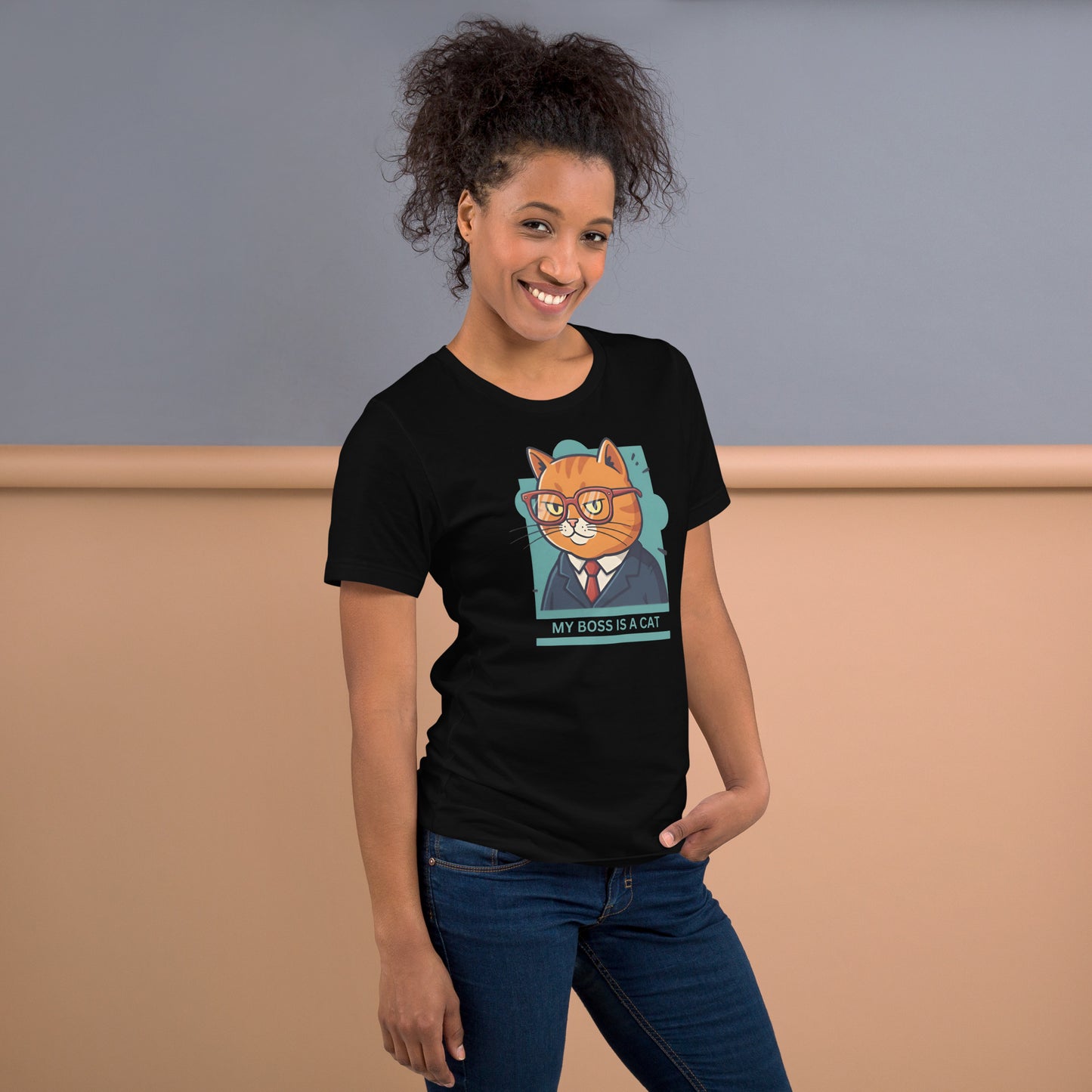 Woman wearing a black My Boss Is A Cat T-Shirt.