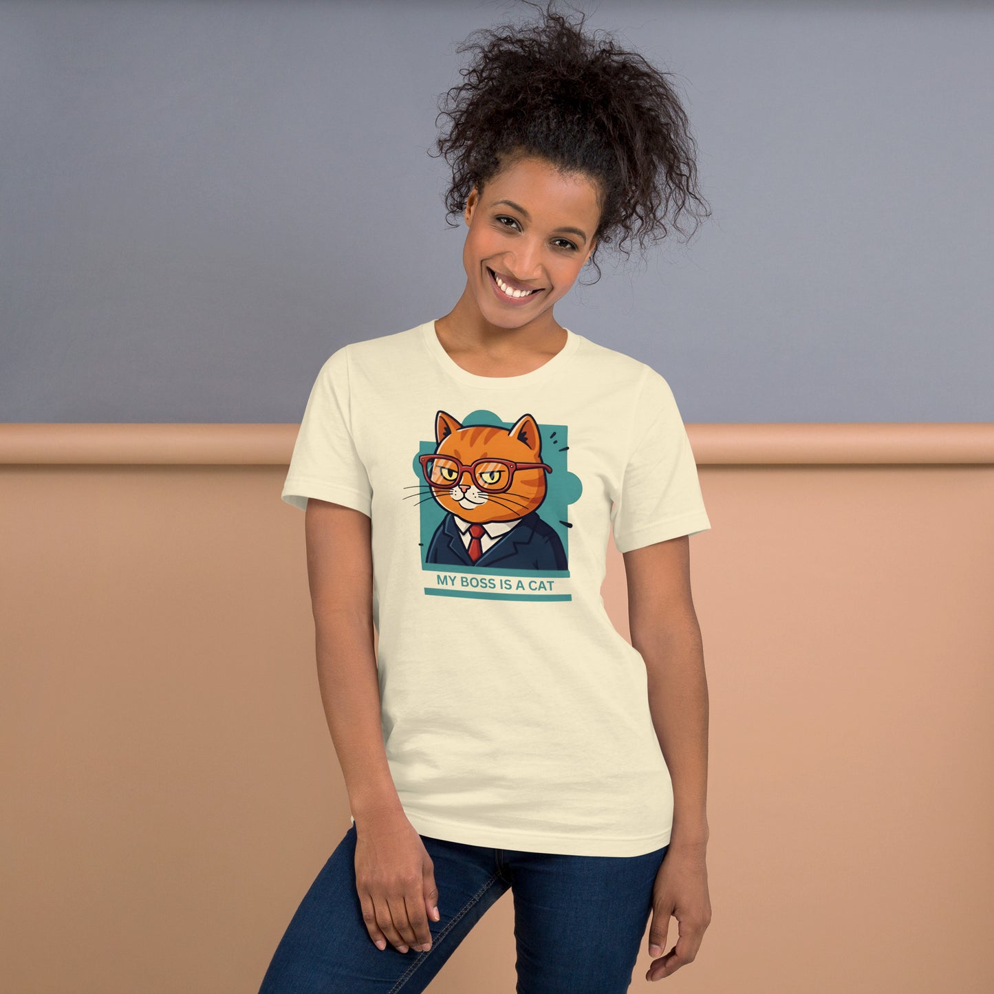 Woman wearing a natural My Boss Is A Cat T-Shirt.