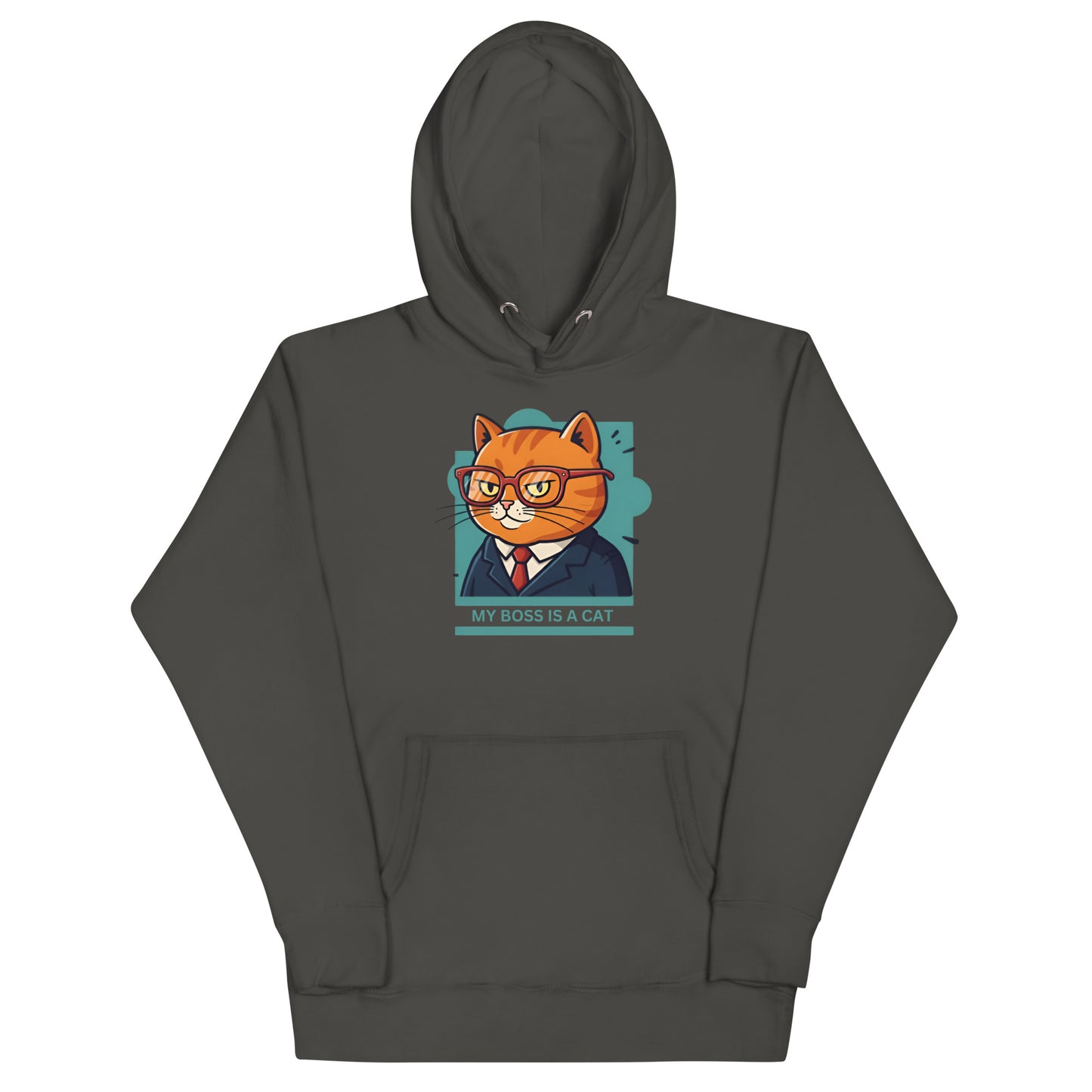Front View of a unisex vintage black hoodie with a design of a cat wearing a tuxedo and the words 'My Boss Is A Cat'.