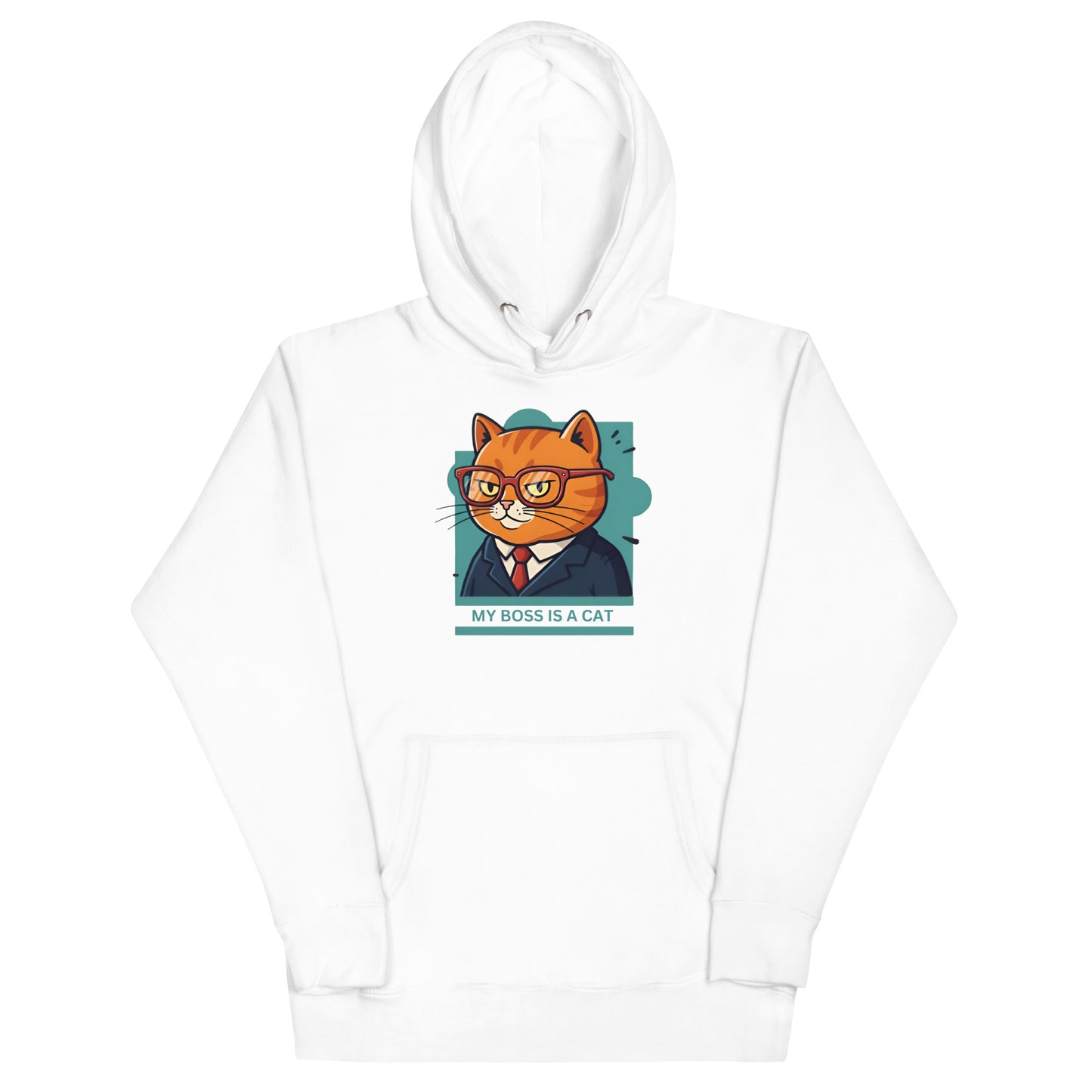 Front View of a unisex white hoodie with a design of a cat wearing a tuxedo and the words 'My Boss Is A Cat'.