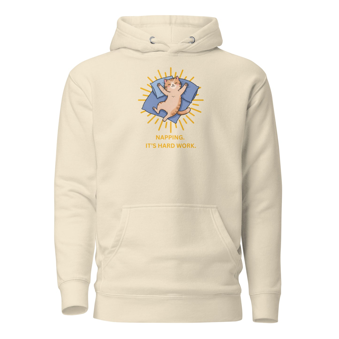Front View of a unisex bone hoodie with a design of a cat sleeping and the words 'Napping. It's Hard Work'.