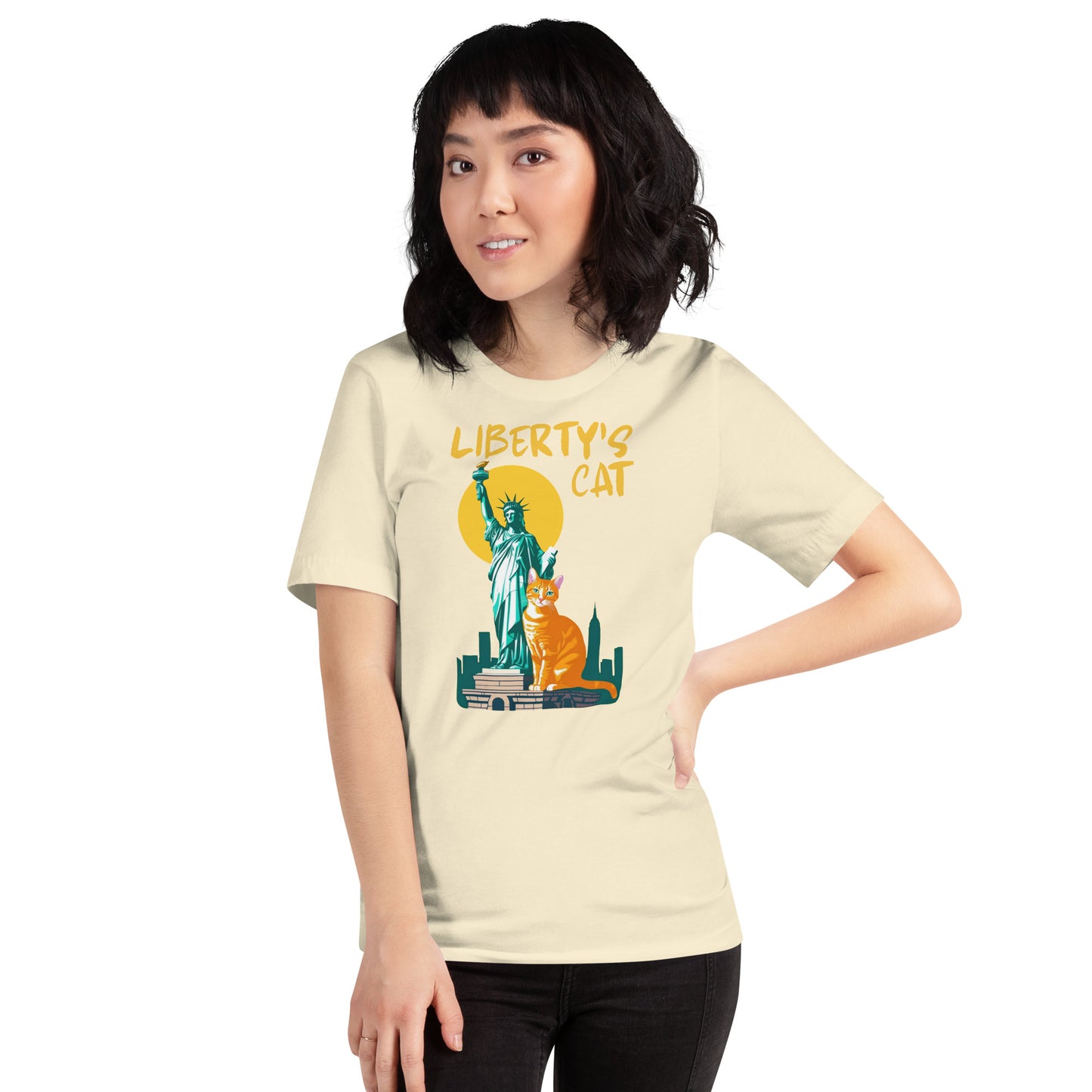 Woman wearing a natural New York Cat T-Shirt.
