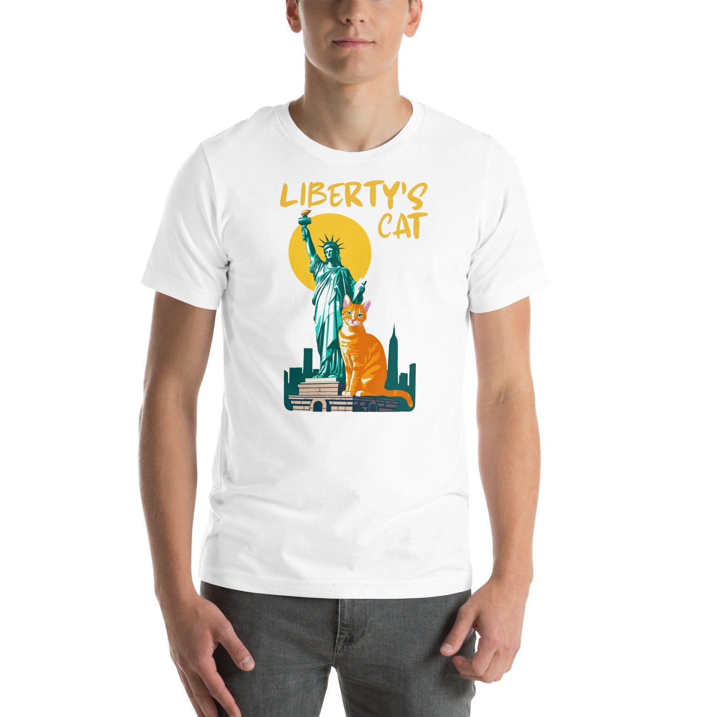 Man wearing a white New York Cat T-Shirt.
