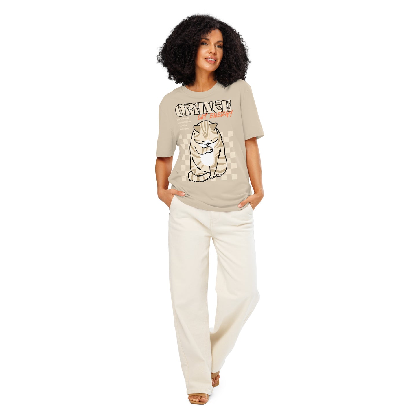 Woman wearing a desert dust Orange Cat Energy T-Shirt from Midnight Zoomies.