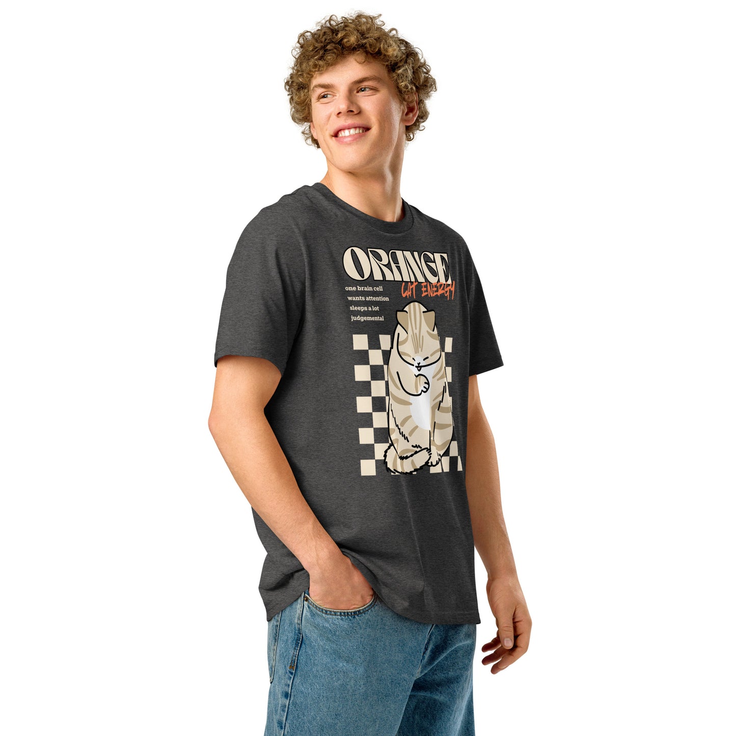 Man wearing a dark heather grey Orange Cat Energy T-Shirt from Midnight Zoomies.