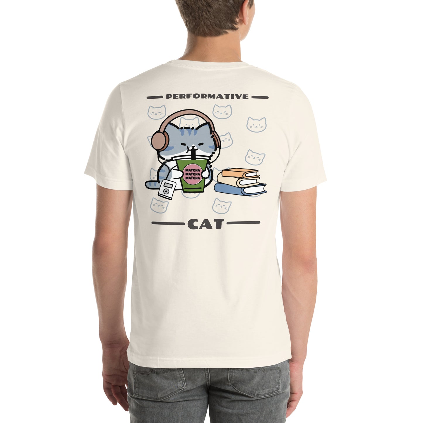 Man wearing a vintage white Performative Cat T-Shirt from Midnight Zoomies.