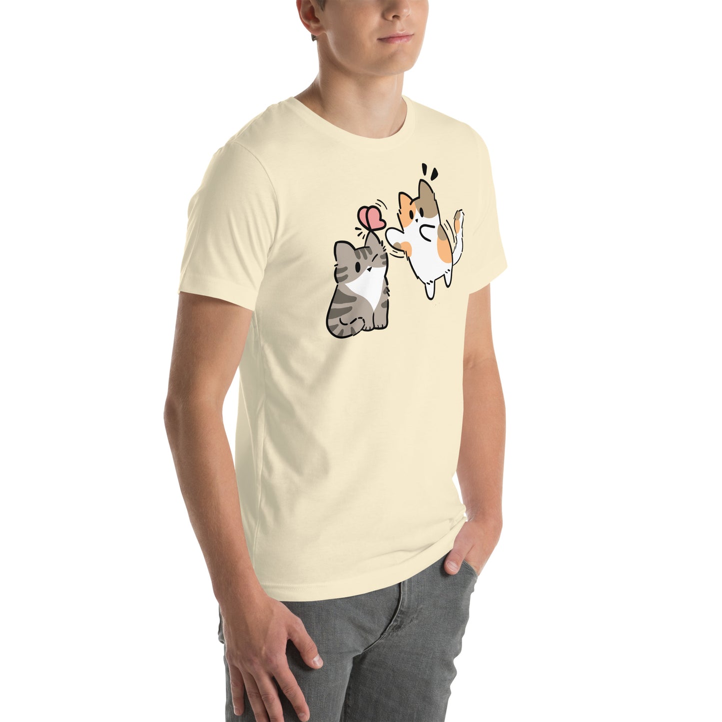 Man wearing a natural Playing With Butterflies Cat T-Shirt from Midnight Zoomies.