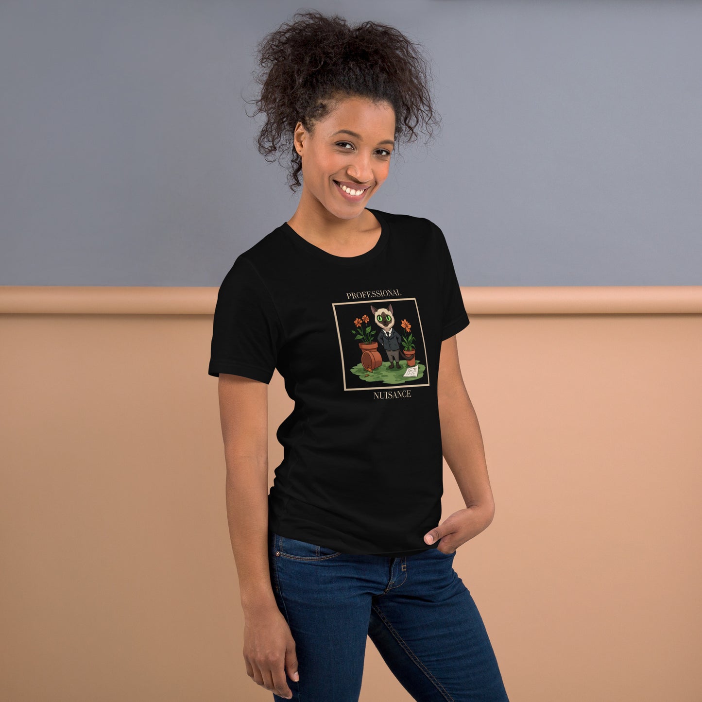 Woman wearing a black Professional Nuisance Cat T-Shirt.