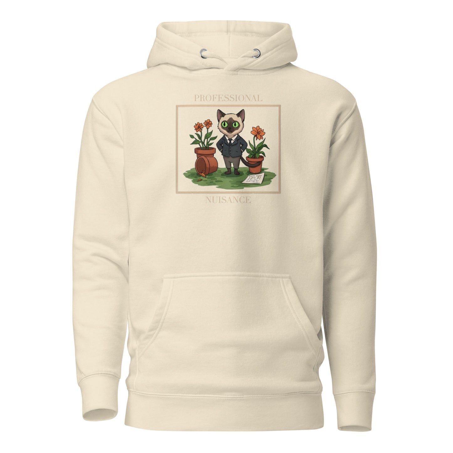 Front View of a unisex bone hoodie with a design of a cat surrounded by flower pots and the words 'Professional Nuisance'.