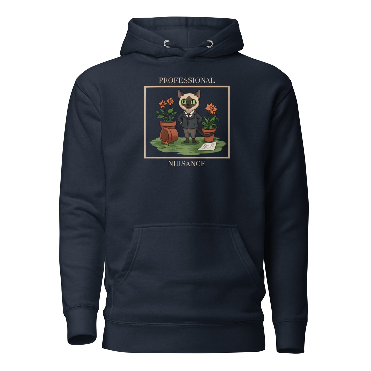 Front View of a unisex navy hoodie with a design of a cat surrounded by flower pots and the words 'Professional Nuisance'.