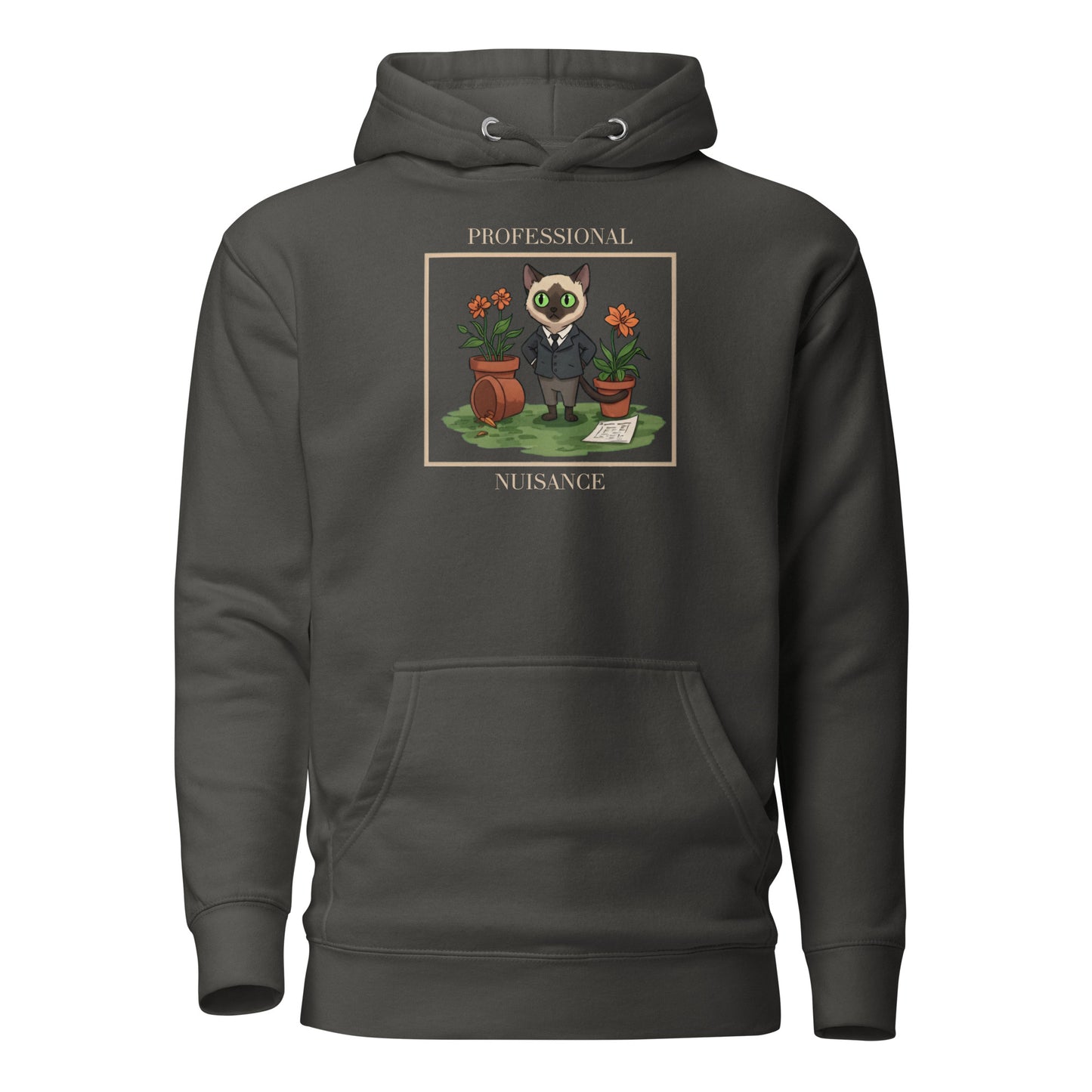 Front View of a unisex vintage black hoodie with a design of a cat surrounded by flower pots and the words 'Professional Nuisance'.