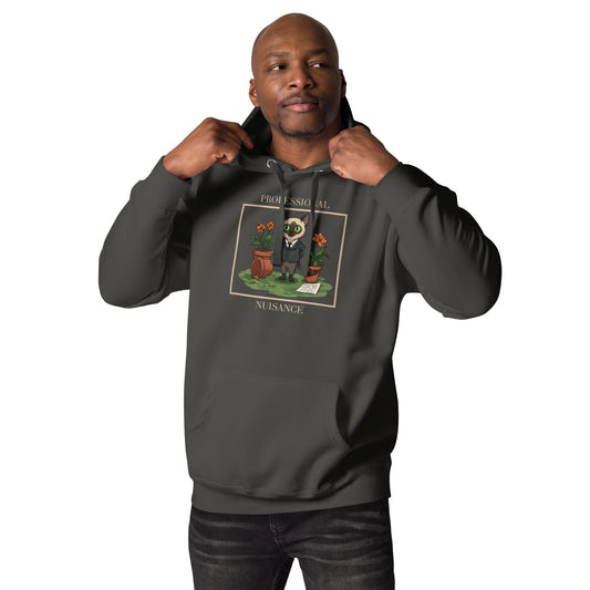 Man modeling a unisex vintage black hoodie with a design of a cat surrounded by flower pots and the words 'Professional Nuisance'. Front View.