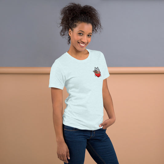 Woman wearing a sky blue Ramen Cat Club T-Shirt from Midnight Zoomies.