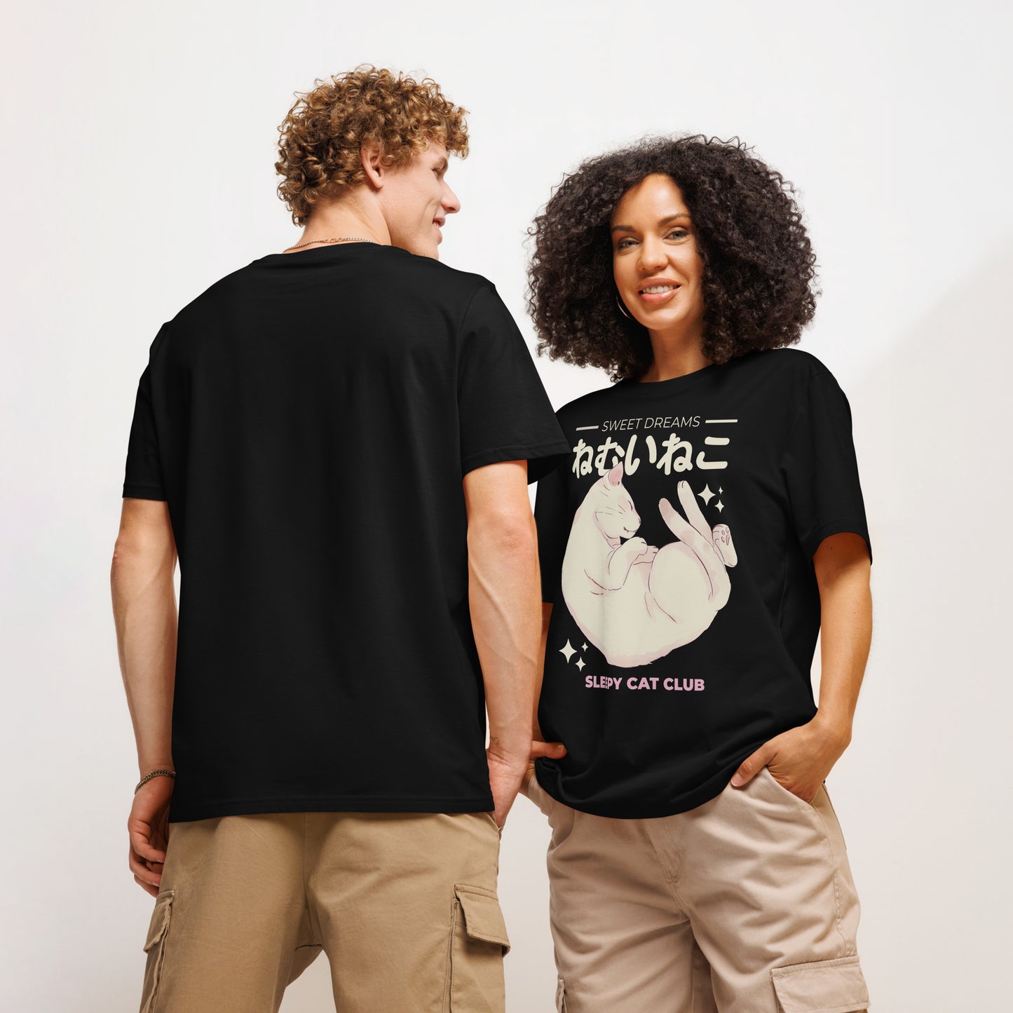 Couple wearing black Sleepy Cat Club T-Shirts from Midnight Zoomies.