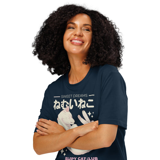 Woman wearing a navy Sleepy Cat Club T-Shirt from Midnight Zoomies.