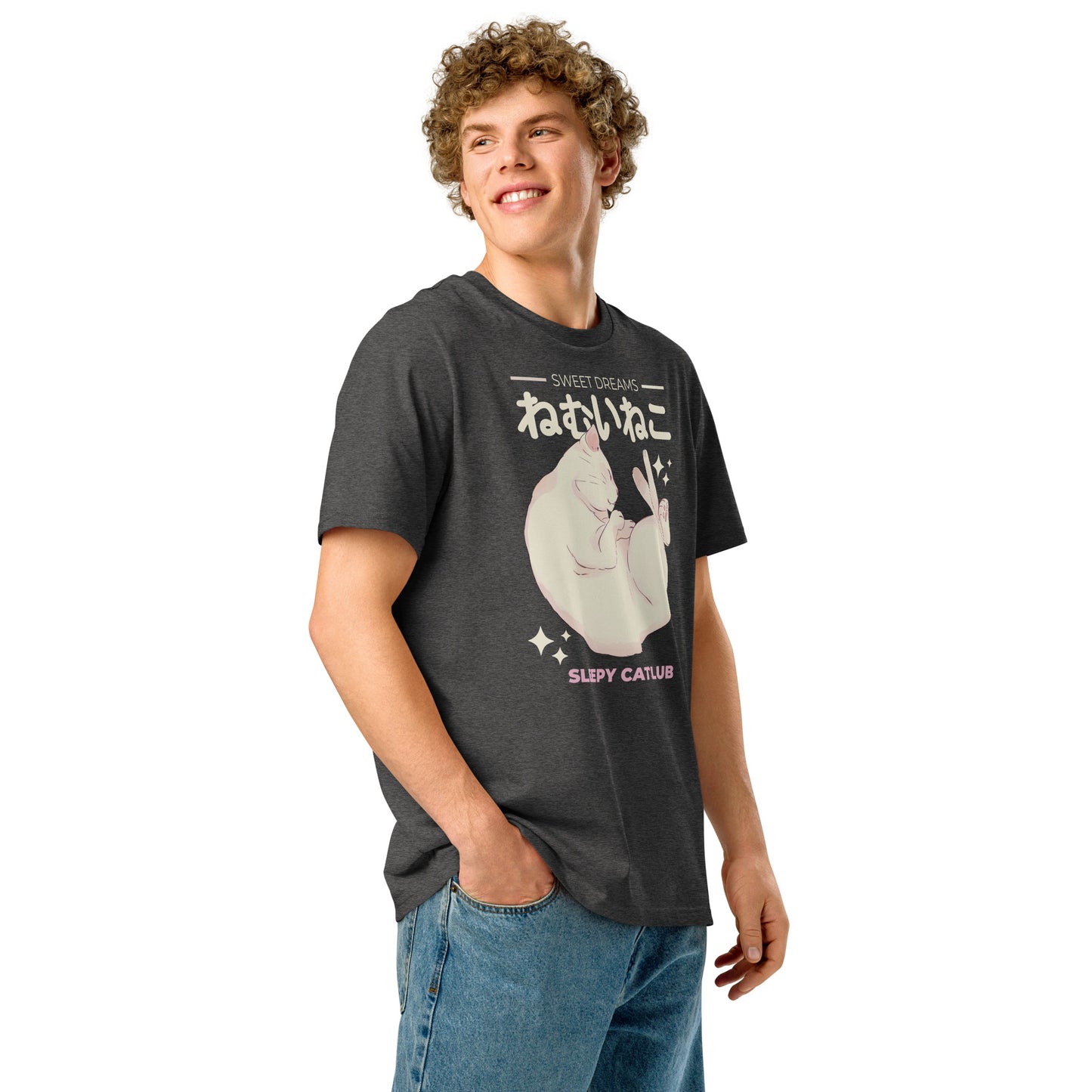 Man wearing a dark heather grey Sleepy Cat Club T-Shirt from Midnight Zoomies.