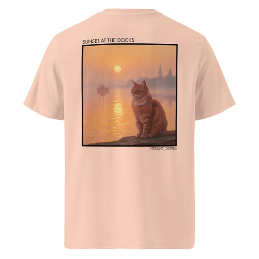Fraiche Peche Sunset At The Docks Graphic Cat T-Shirt from Midnight Zoomies.