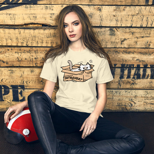 Woman wearing a natural Aggressive Introvert Cat T-Shirt from Midnight Zoomies.