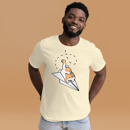 Man wearing a natural Airplane Zoomies Cat T-Shirt from Midnight Zoomies.